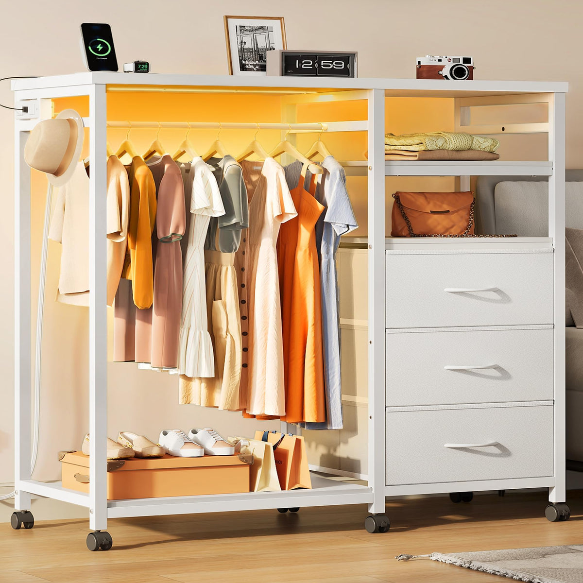White 3 Drawer Dresser with Hanging Rack J944