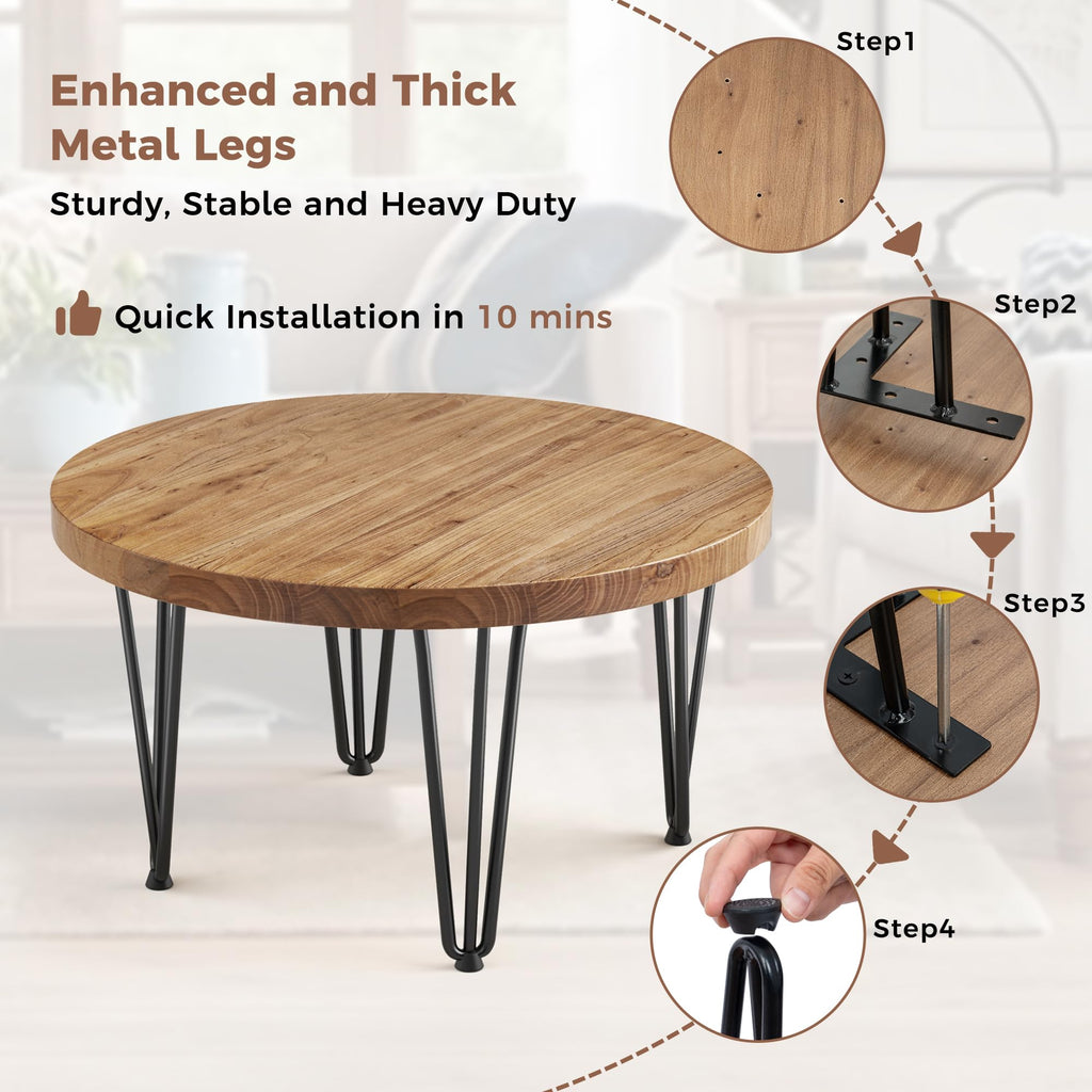 Rustic Wood Round Coffee Table with Metal Legs K631