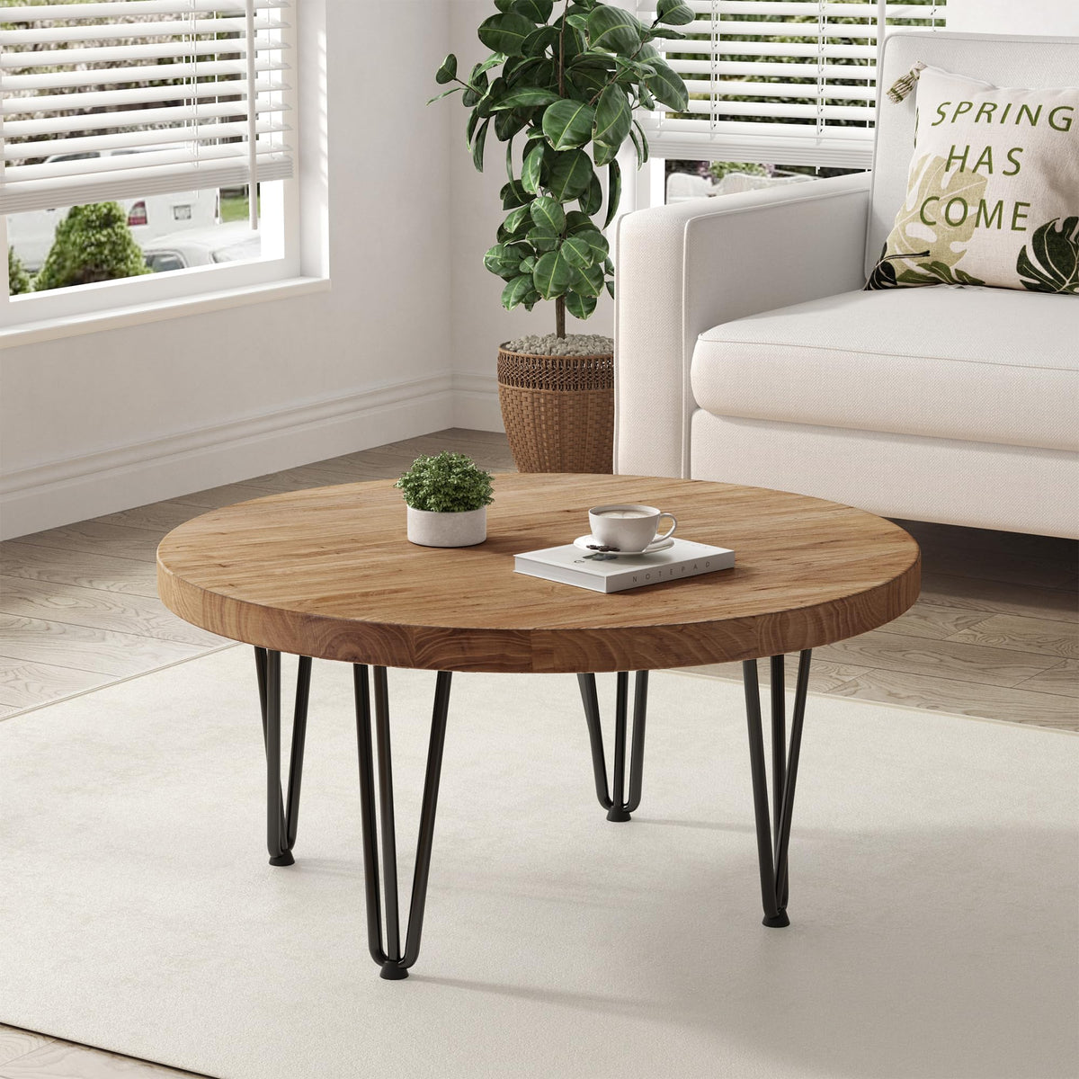 Rustic Wood Round Coffee Table with Metal Legs K631