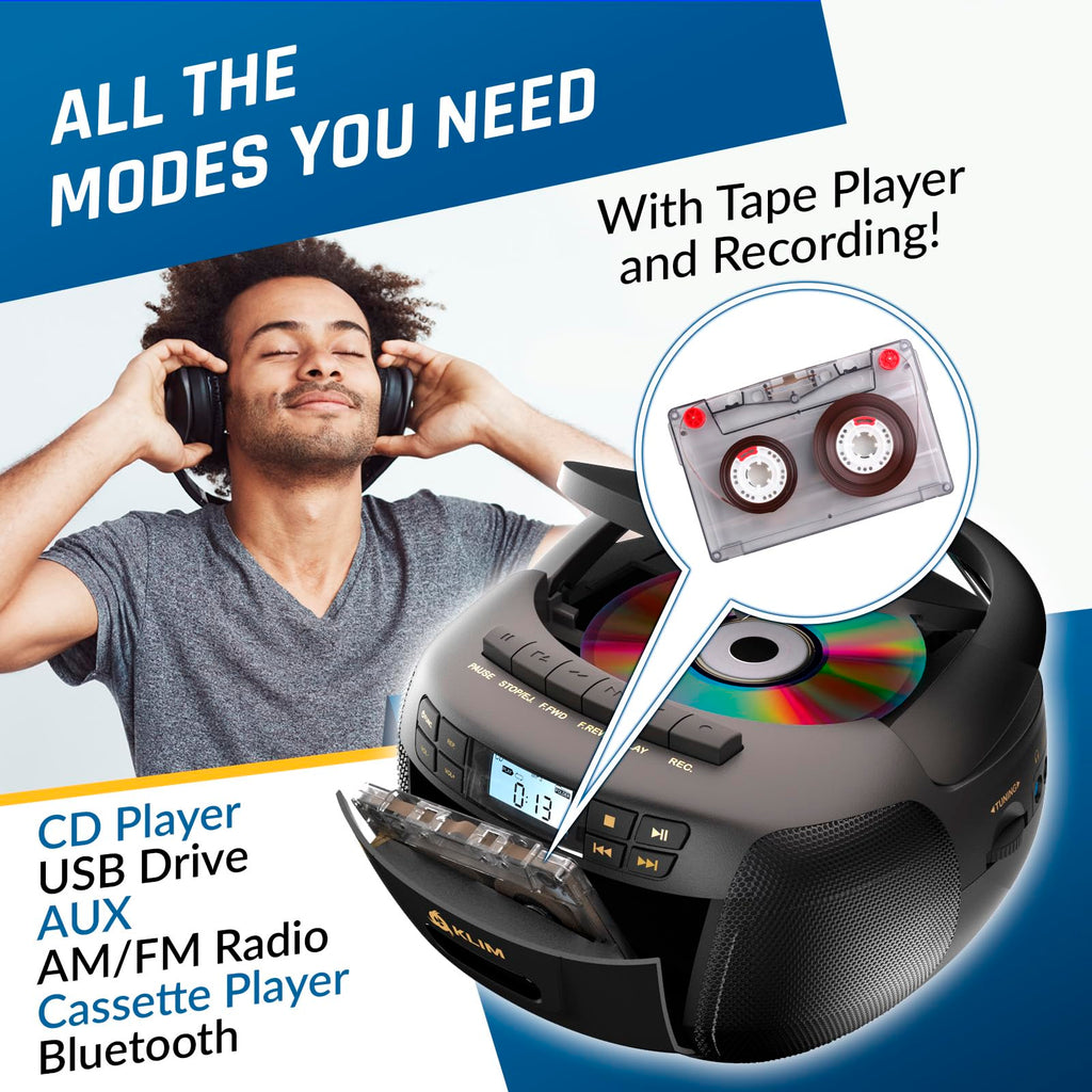 Black CD Cassette Player Boombox with Bluetooth and AM FM Radio I951556