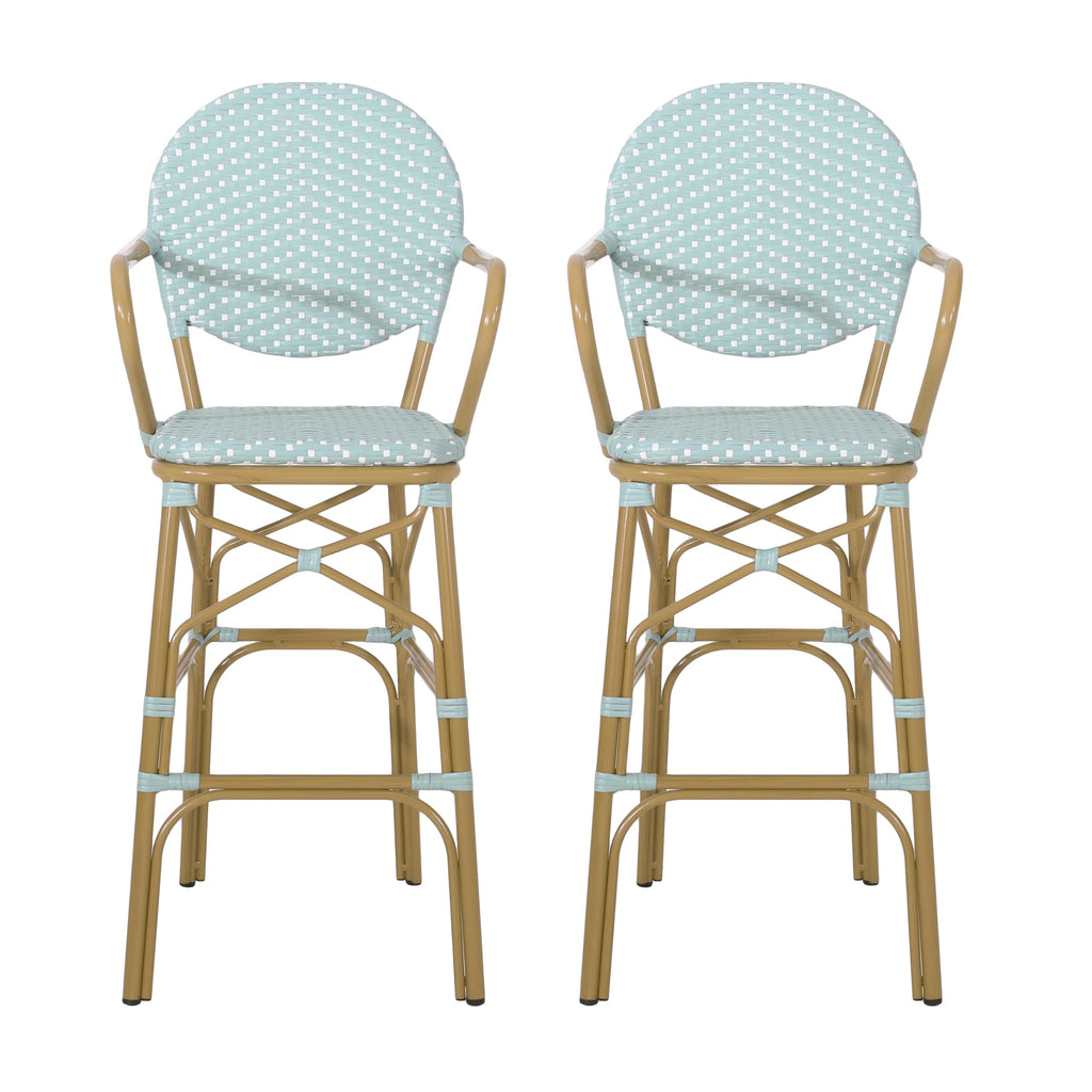 Teal Bamboo Print Wicker Aluminum Bar Stools Set of 2 E559976