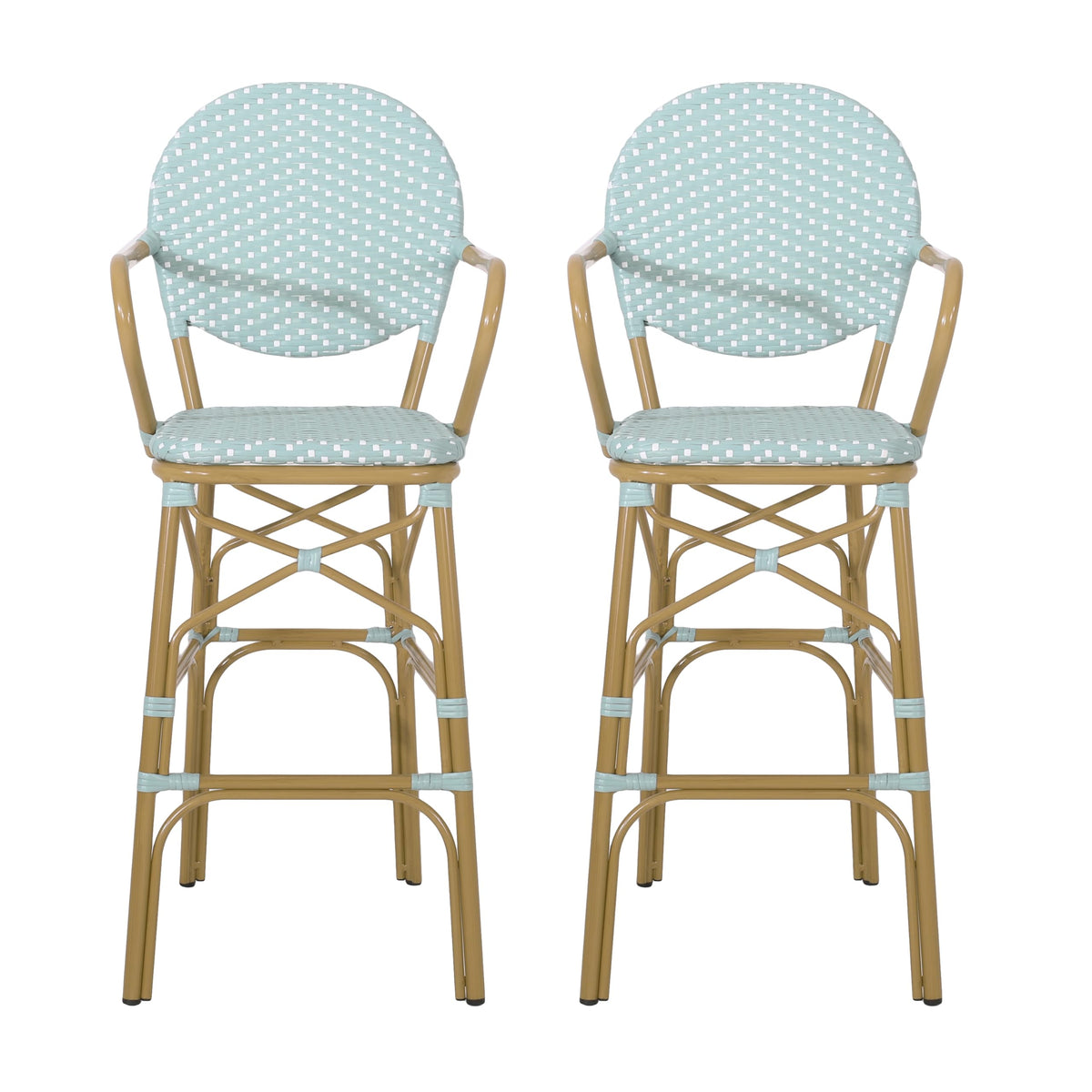 Teal Bamboo Print Wicker Aluminum Bar Stools Set of 2 E559976