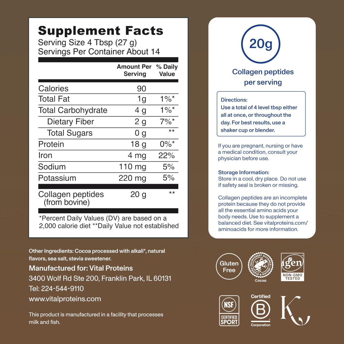 Collagen Peptides Powder, Chocolate, 13.5oz X470694