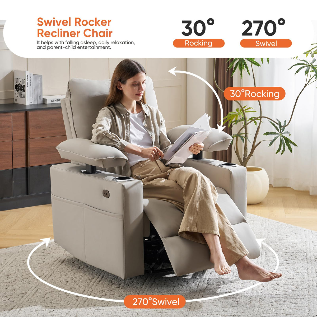 Oversized Power Swivel Rocker Recliner with Heating and Massage, Faux Leather, Grey Z315