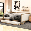 Full Size Upholstered Daybed with Trundle Linen Fabric O419