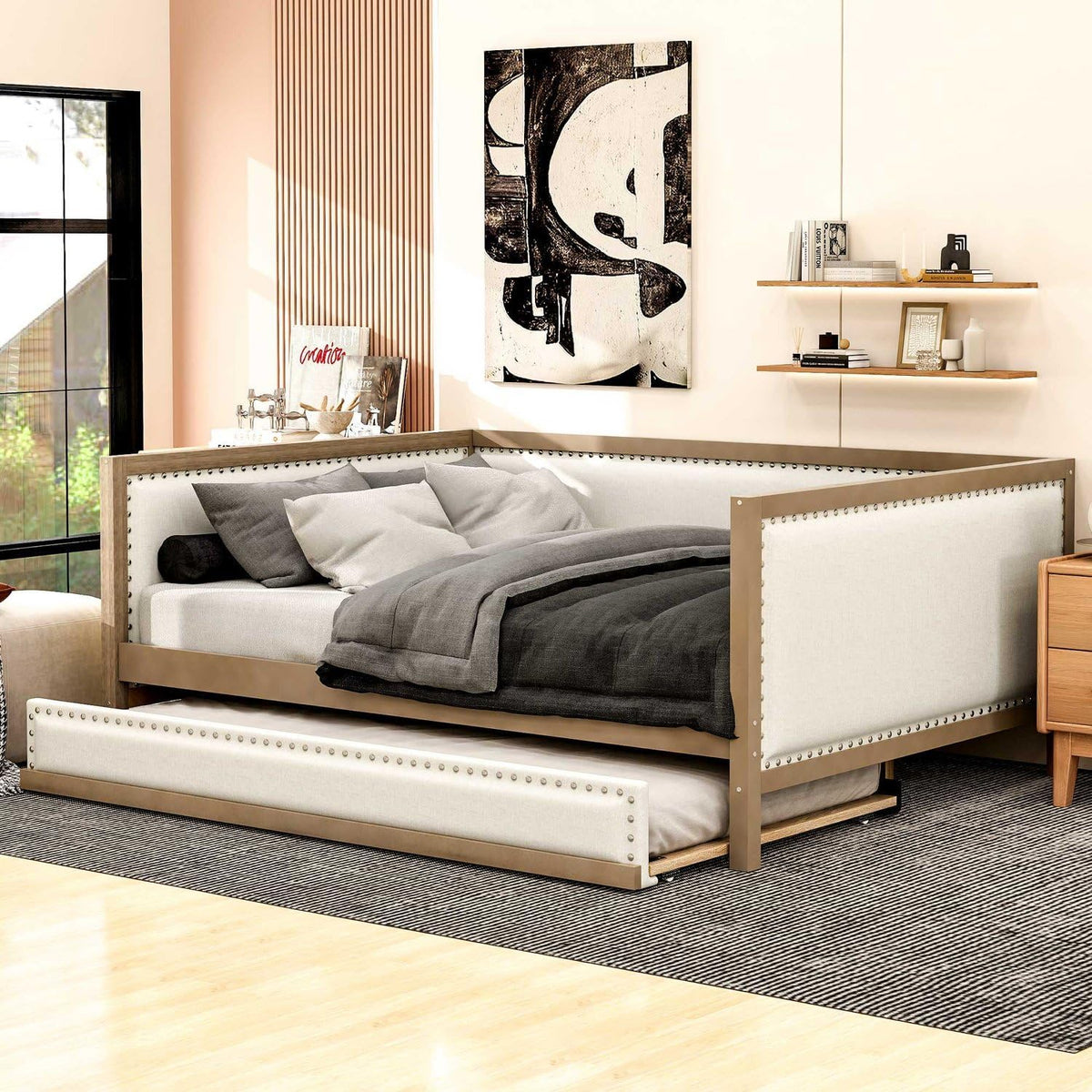 Full Size Upholstered Daybed with Trundle Linen Fabric O419
