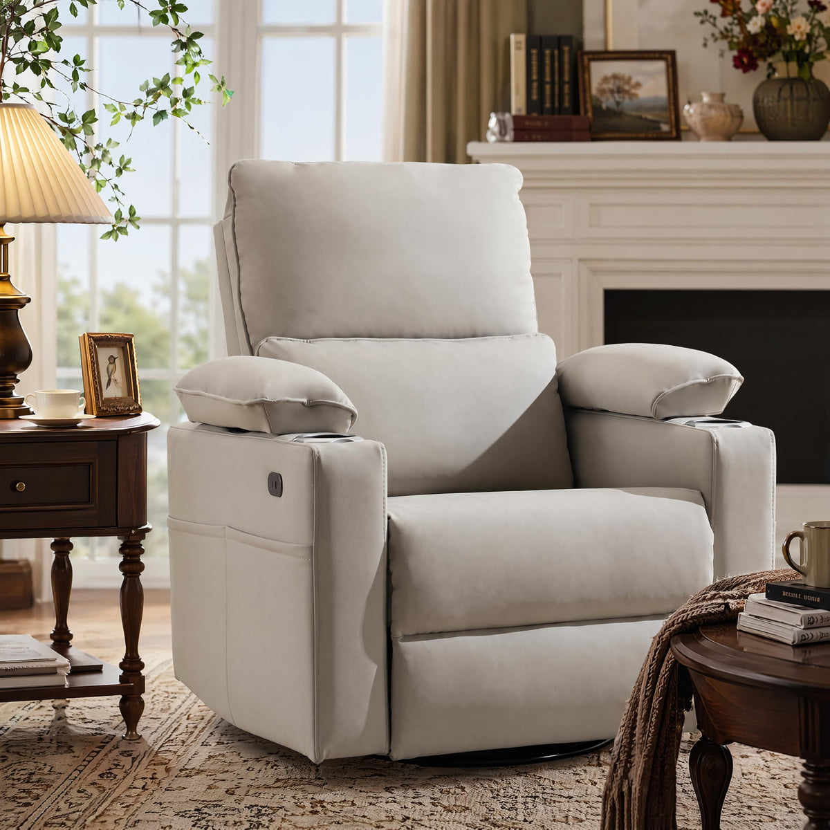 Oversized Power Swivel Rocker Recliner with Heating and Massage, Faux Leather, Grey Z315