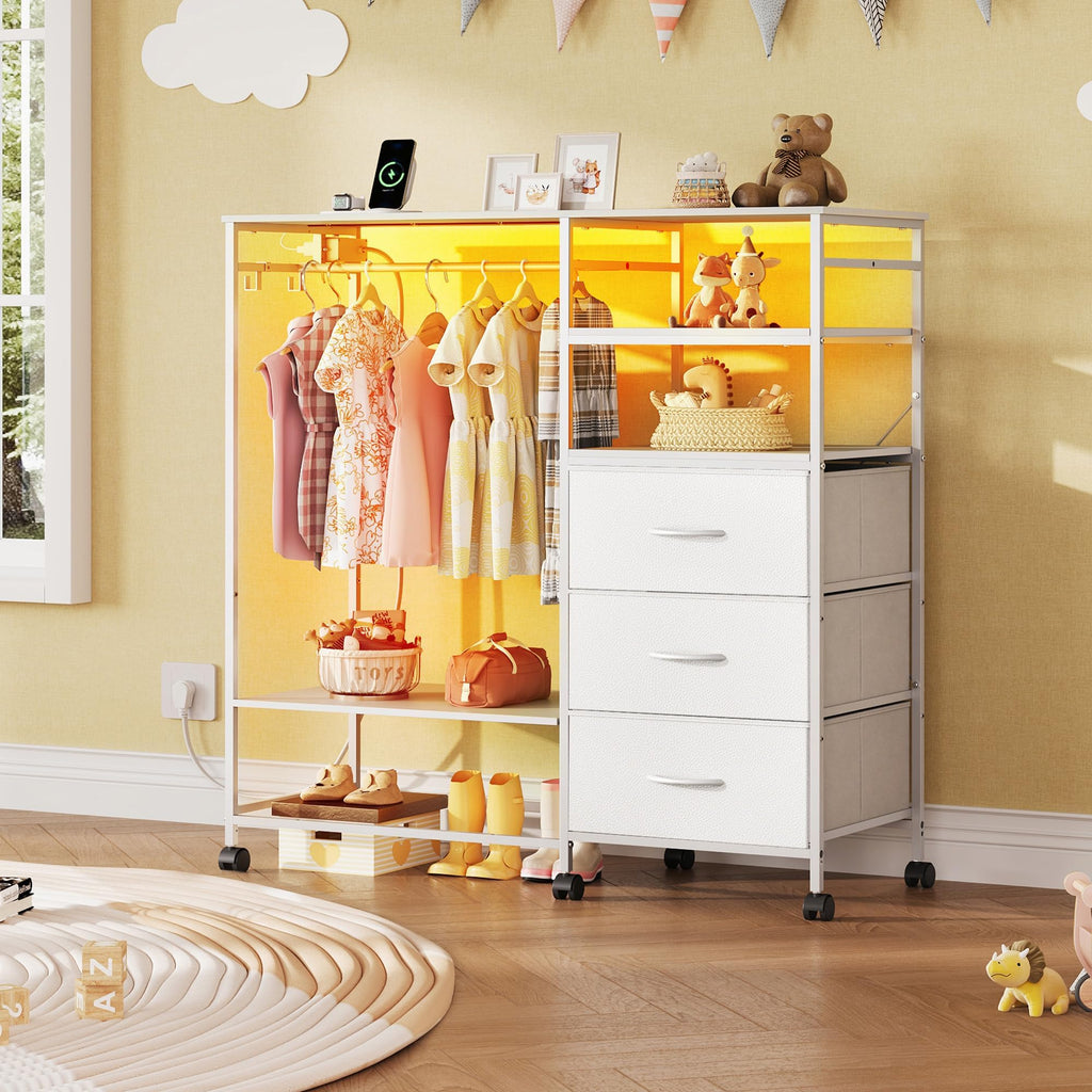 White 3 Drawer Dresser with Hanging Rack J944