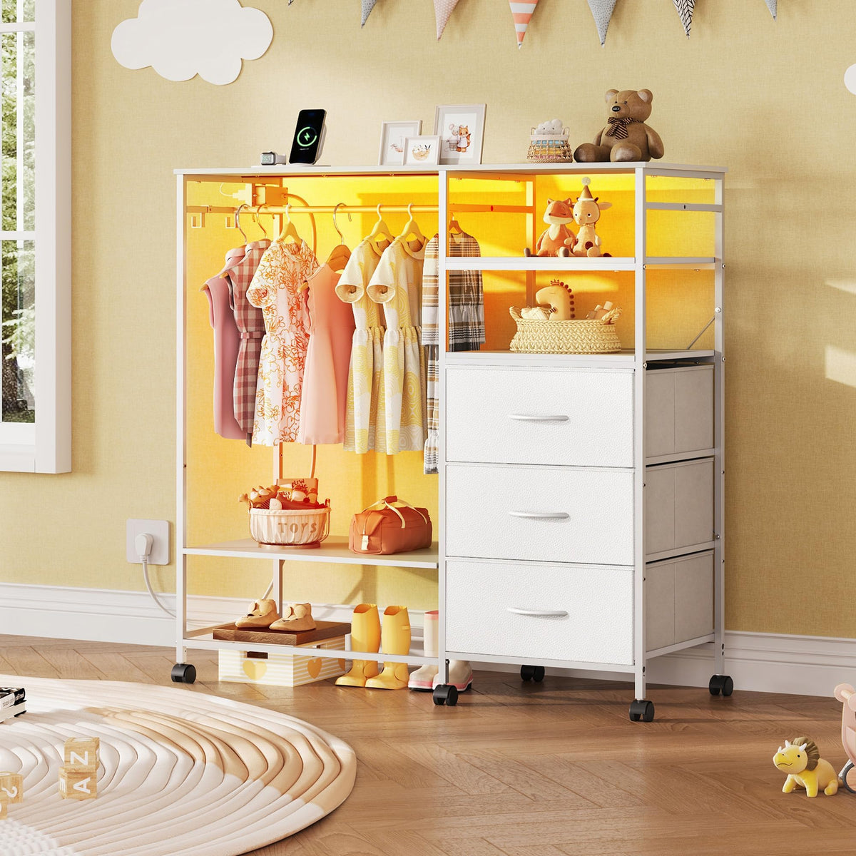 White 3 Drawer Dresser with Hanging Rack J944