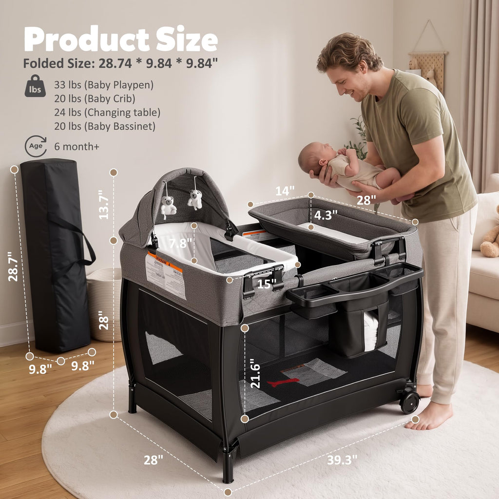 4 in 1 Foldable Pack and Play with Bassinet & Changing Table K8495