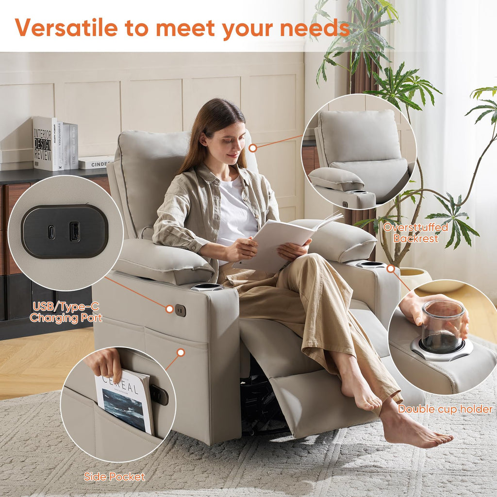 Oversized Power Swivel Rocker Recliner with Heating and Massage, Faux Leather, Grey Z315