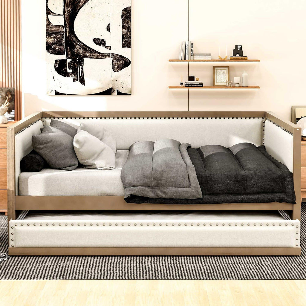 Full Size Upholstered Daybed with Trundle Linen Fabric O419