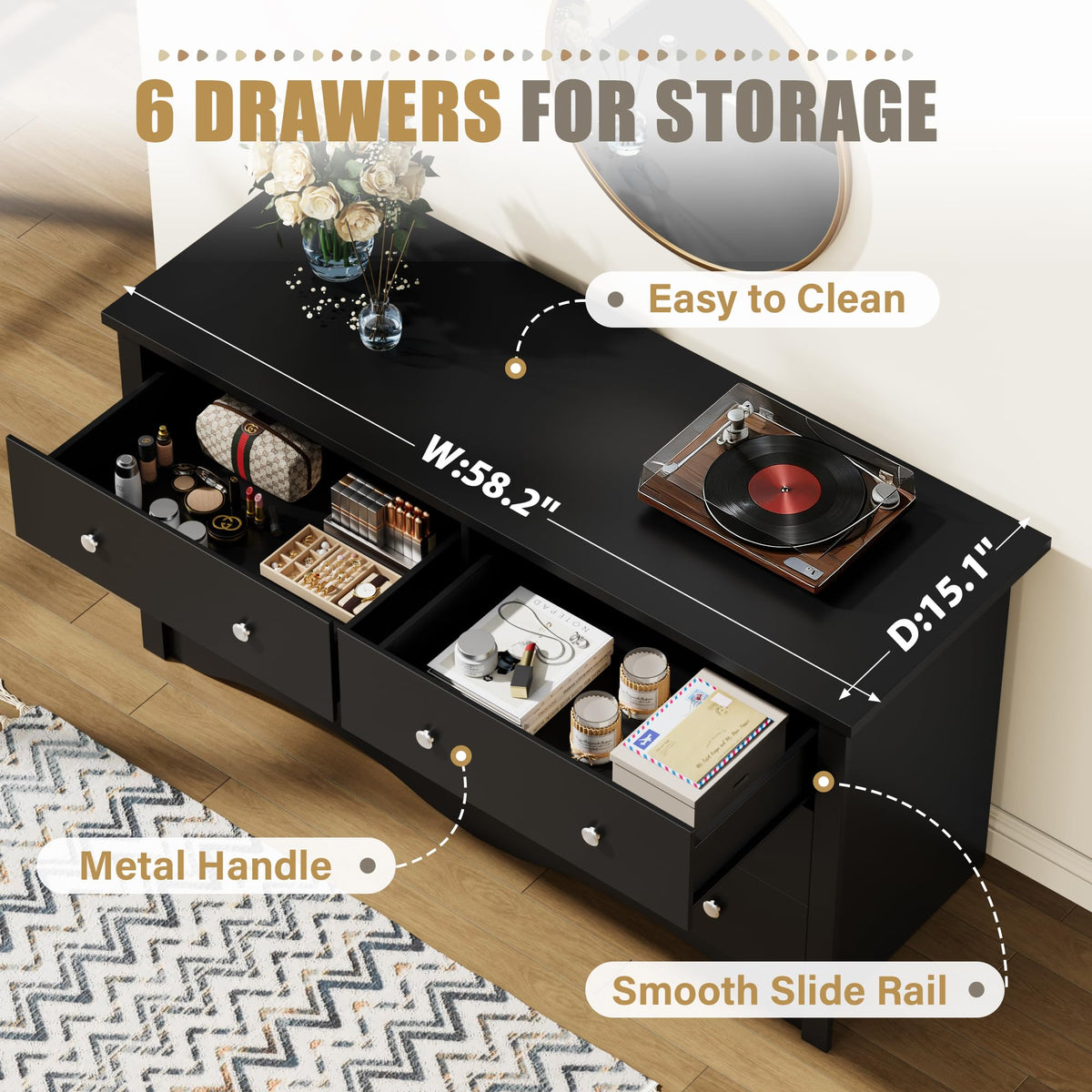 Black 6 Drawer Dresser K90411
