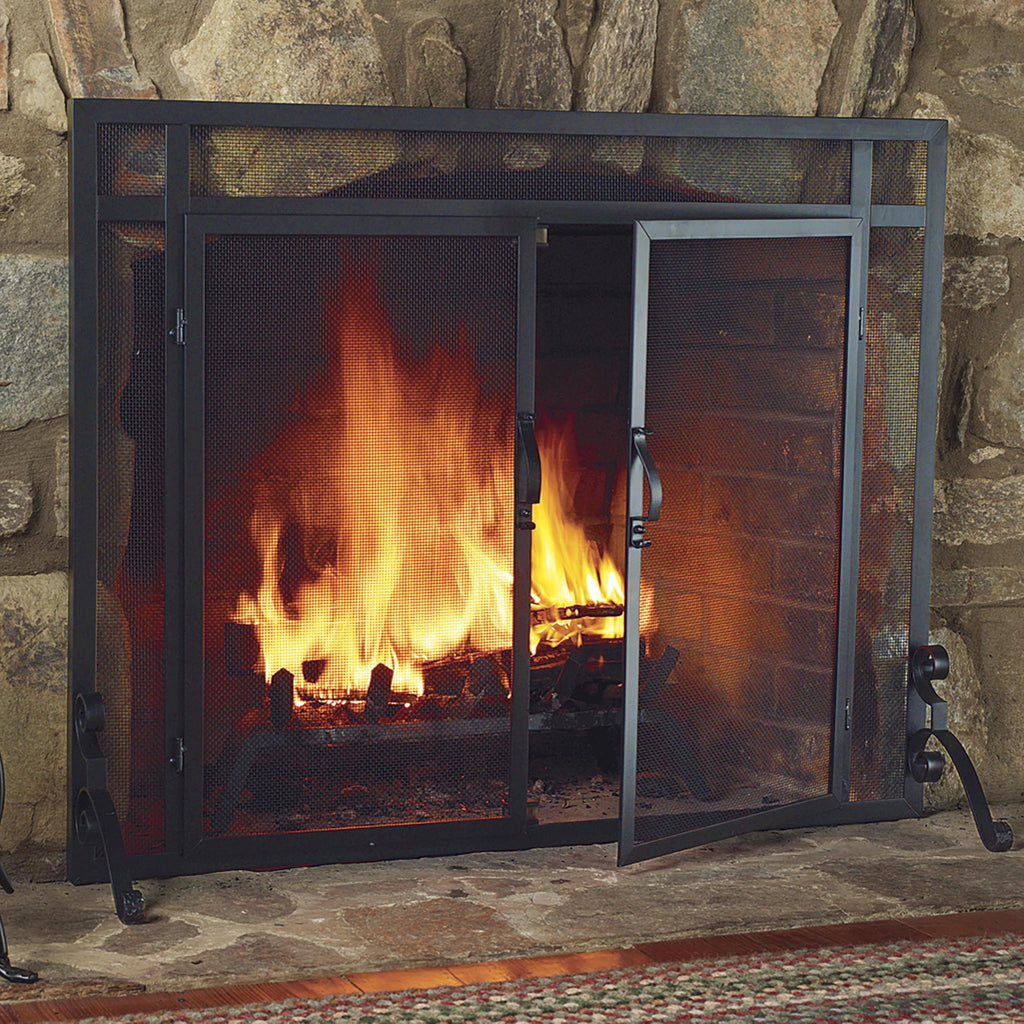 Black Metal Fireplace Screen with Hinged Doors E8129