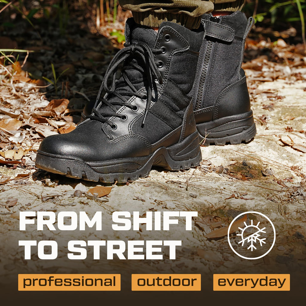 Men's Lightweight Leather Tactical Work Boots with Side Zipper D2863