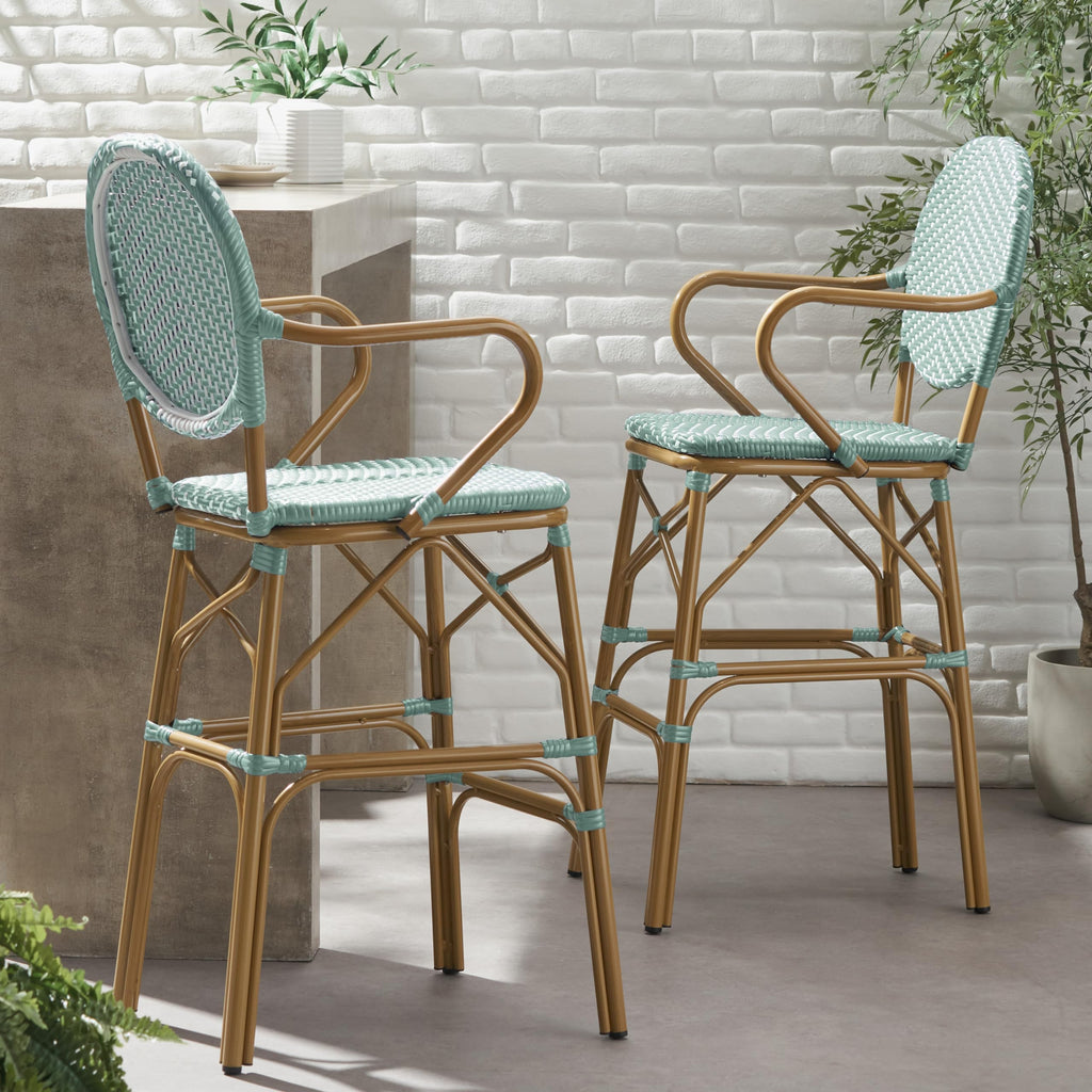 Teal Bamboo Print Wicker Aluminum Bar Stools Set of 2 E559976