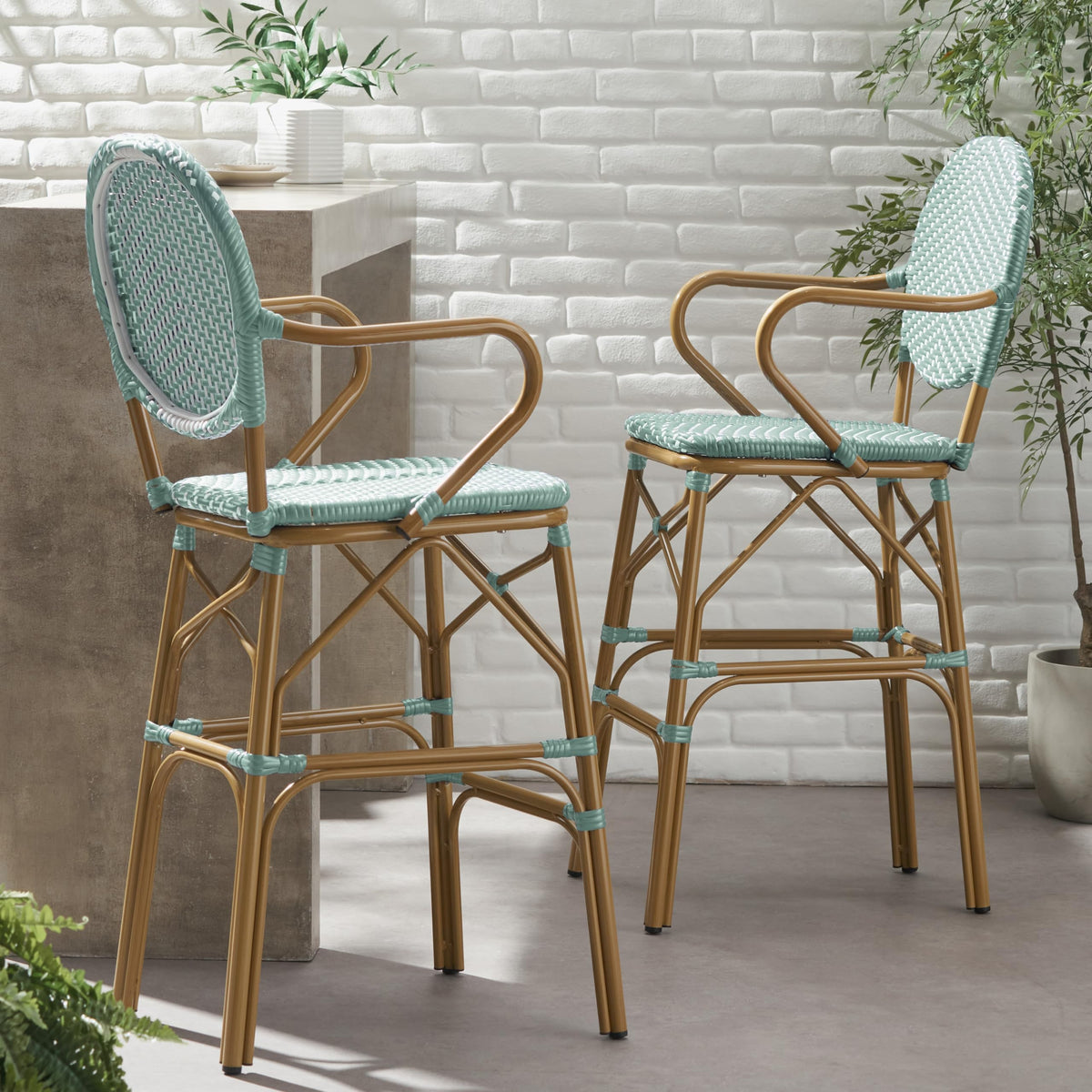 Teal Bamboo Print Wicker Aluminum Bar Stools Set of 2 E559976