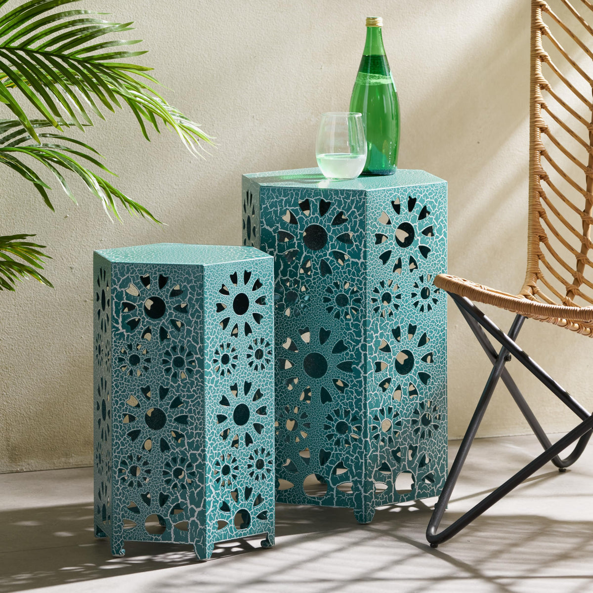 Teal Metal Garden Stool Side Table K9739