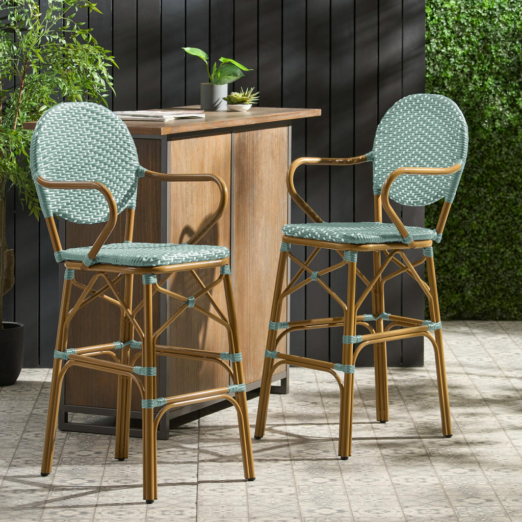 Teal Bamboo Print Wicker Aluminum Bar Stools Set of 2 E559976