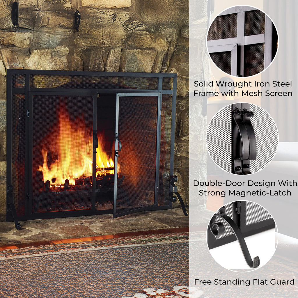 Black Metal Fireplace Screen with Hinged Doors E8129