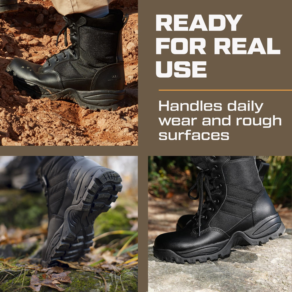 Men's Lightweight Leather Tactical Work Boots with Side Zipper D2863