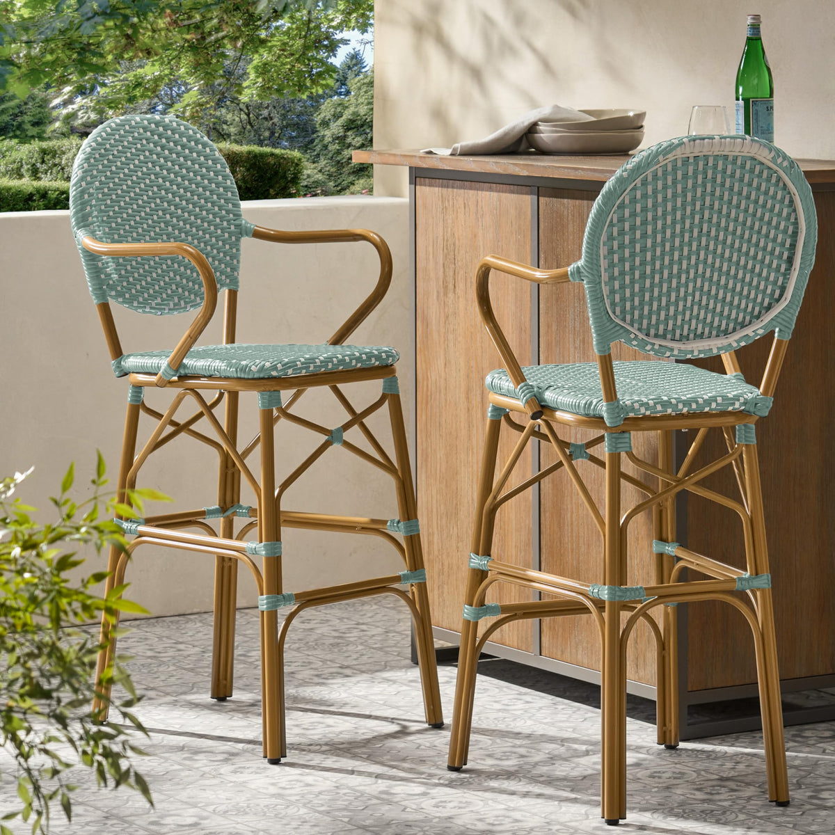 Teal Bamboo Print Wicker Aluminum Bar Stools Set of 2 E559976