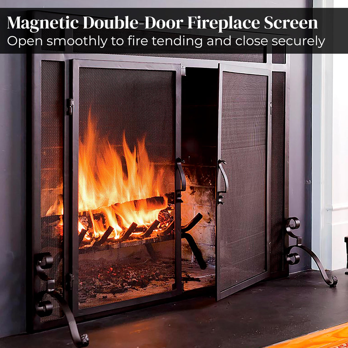 Black Metal Fireplace Screen with Hinged Doors E8129
