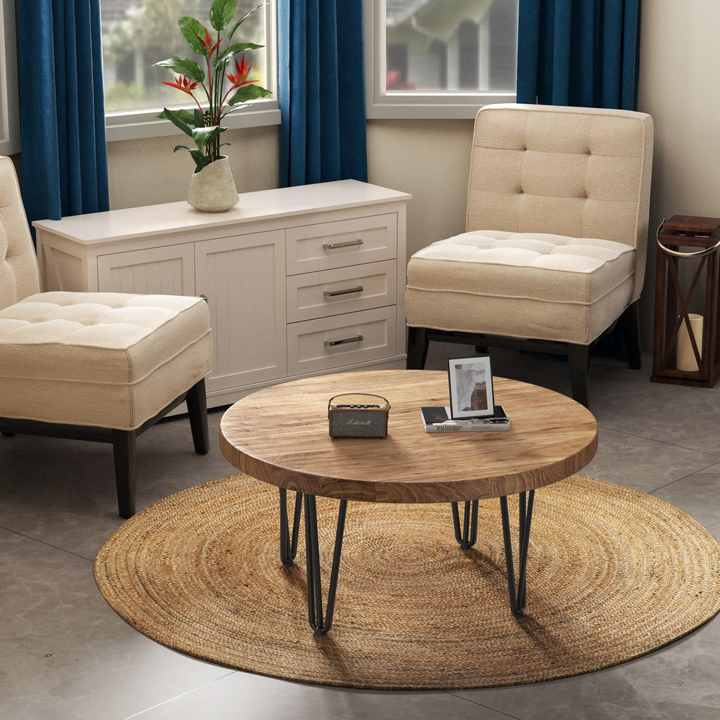 Rustic Wood Round Coffee Table with Metal Legs K631