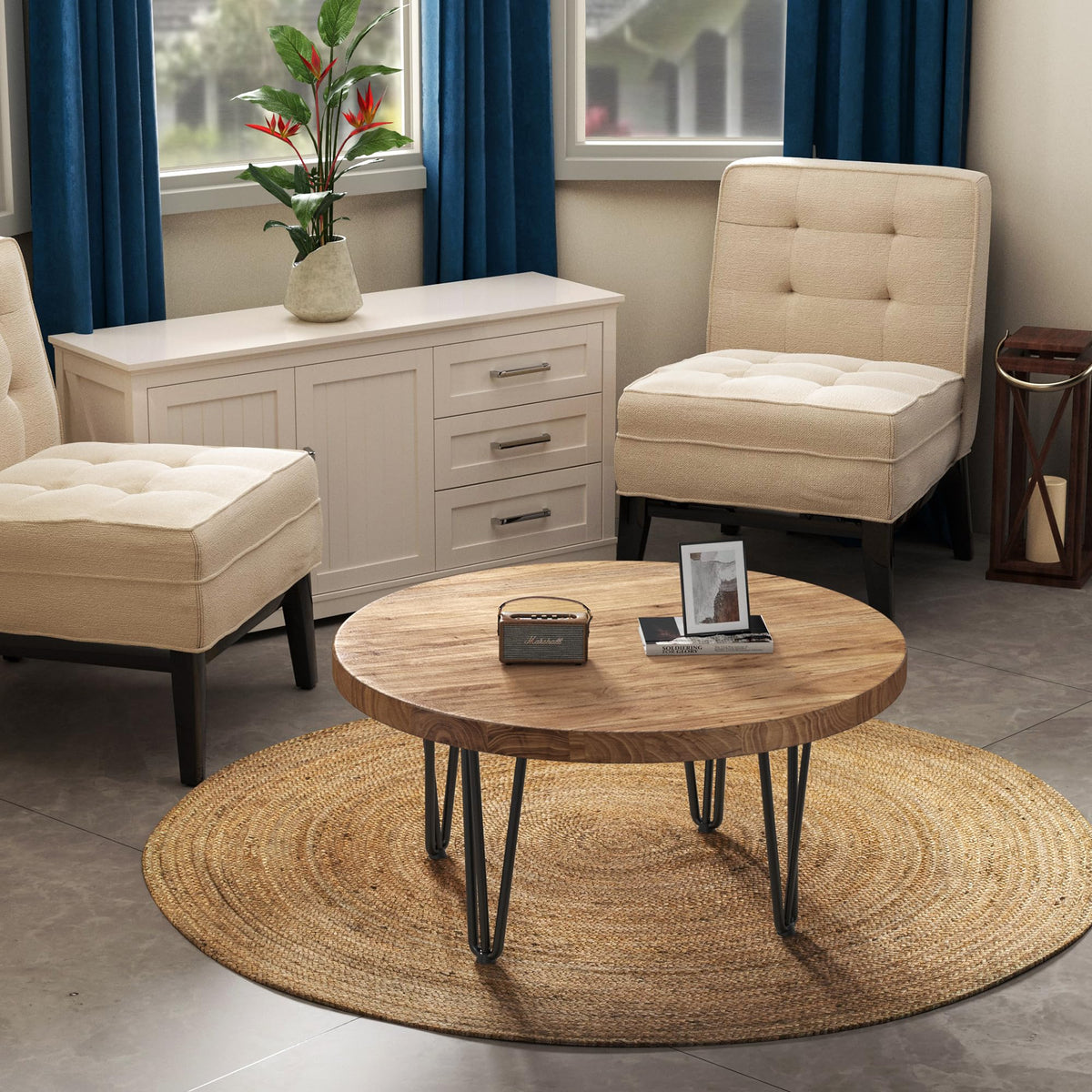 Rustic Wood Round Coffee Table with Metal Legs K631