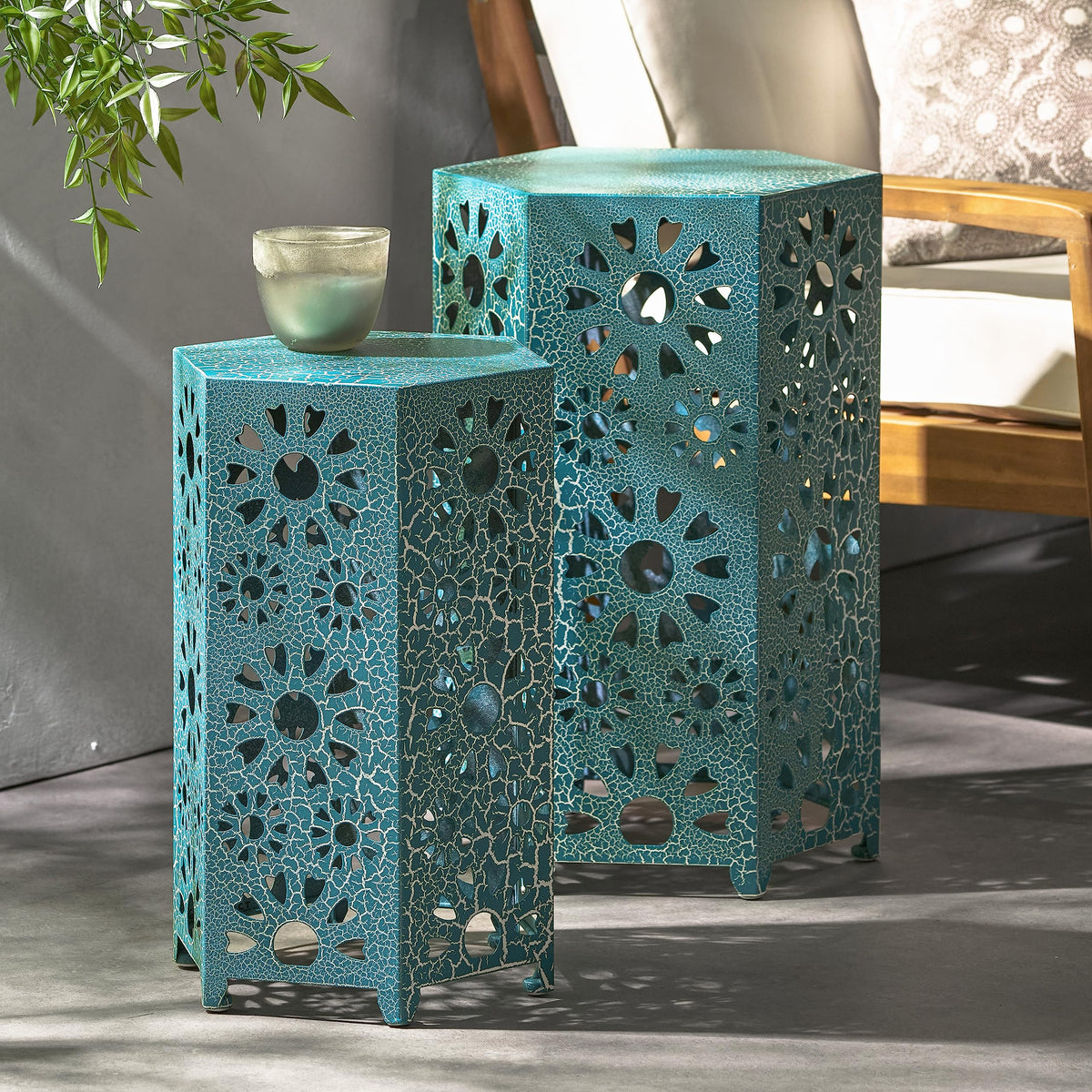 Teal Metal Garden Stool Side Table K9739