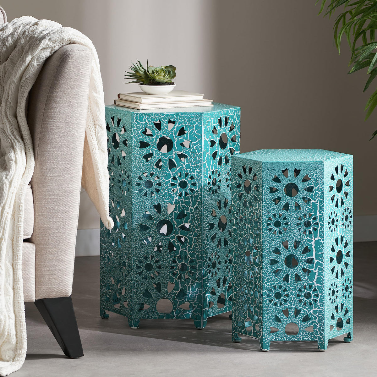 Teal Metal Garden Stool Side Table K9739